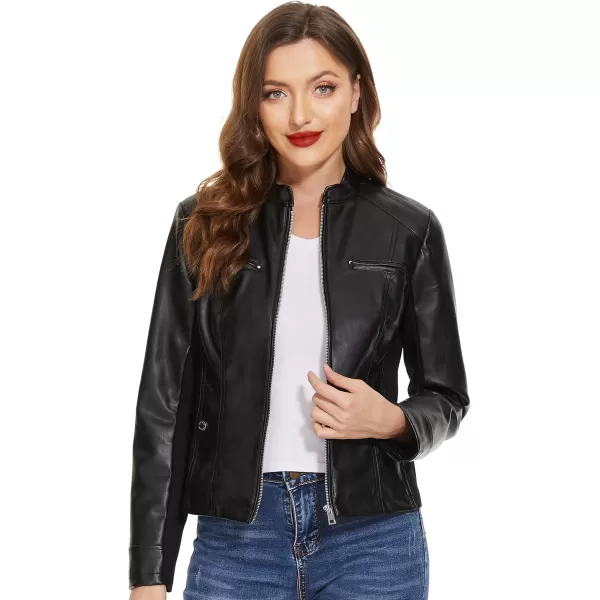 Fahsyee Zip Leather Jackets for Women Motorcycle Faux PU Moto Biker Outwear CoatGlossy Black
