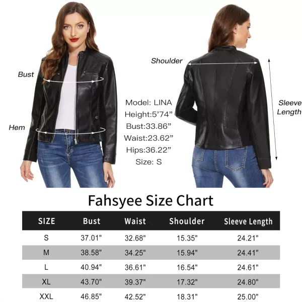 Fahsyee Zip Leather Jackets for Women Motorcycle Faux PU Moto Biker Outwear CoatGlossy Black