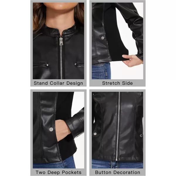 Fahsyee Zip Leather Jackets for Women Motorcycle Faux PU Moto Biker Outwear CoatGlossy Black