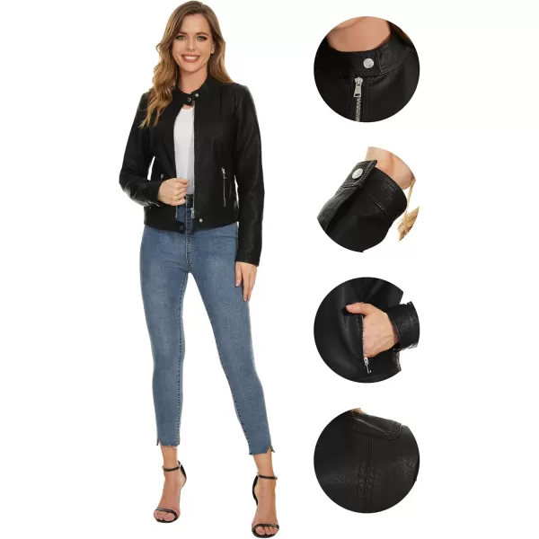 Fahsyee Zip Leather Jackets for Women Motorcycle Faux PU Moto Biker Outwear CoatInk Black