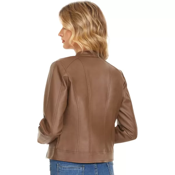 Fahsyee Zip Leather Jackets for Women Motorcycle Faux PU Moto Biker Outwear CoatLight Camel