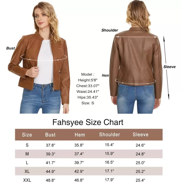 Fahsyee Zip Leather Jackets for Women Motorcycle Faux PU Moto Biker Outwear CoatLight Camel