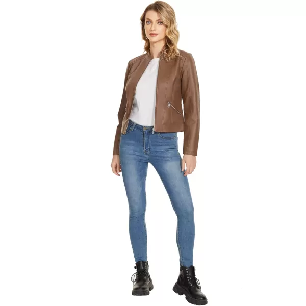 Fahsyee Zip Leather Jackets for Women Motorcycle Faux PU Moto Biker Outwear CoatLight Camel