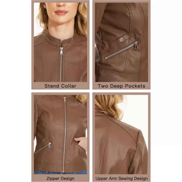 Fahsyee Zip Leather Jackets for Women Motorcycle Faux PU Moto Biker Outwear CoatLight Camel