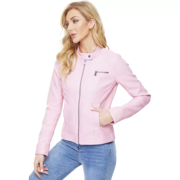 Fahsyee Zip Leather Jackets for Women Motorcycle Faux PU Moto Biker Outwear CoatPink