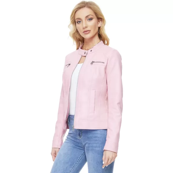 Fahsyee Zip Leather Jackets for Women Motorcycle Faux PU Moto Biker Outwear CoatPink