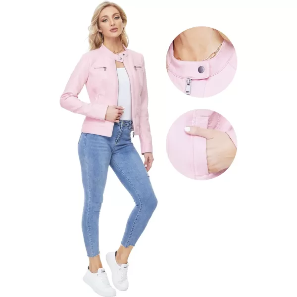 Fahsyee Zip Leather Jackets for Women Motorcycle Faux PU Moto Biker Outwear CoatPink