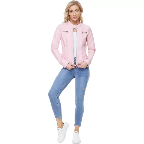 Fahsyee Zip Leather Jackets for Women Motorcycle Faux PU Moto Biker Outwear CoatPink