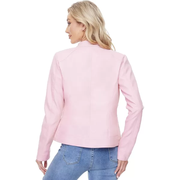 Fahsyee Zip Leather Jackets for Women Motorcycle Faux PU Moto Biker Outwear CoatPink