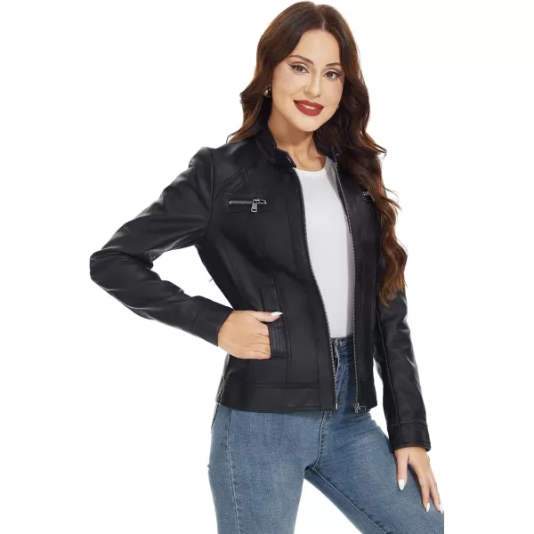 Fahsyee Zip Leather Jackets for Women Motorcycle Faux PU Moto Biker Outwear CoatPure Black