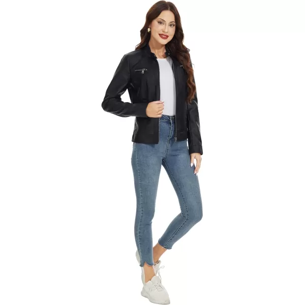 Fahsyee Zip Leather Jackets for Women Motorcycle Faux PU Moto Biker Outwear CoatPure Black