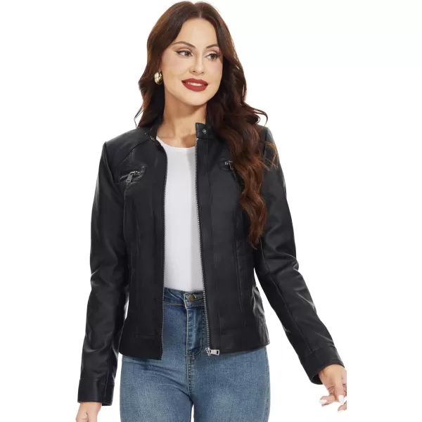 Fahsyee Zip Leather Jackets for Women Motorcycle Faux PU Moto Biker Outwear CoatPure Black