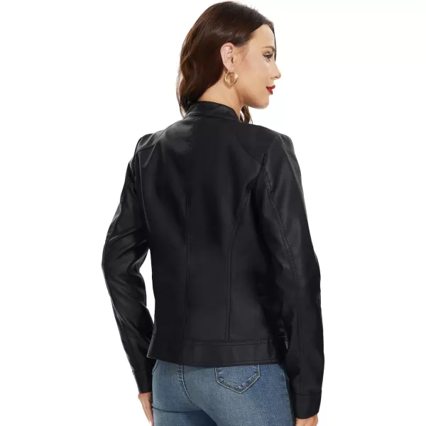 Fahsyee Zip Leather Jackets for Women Motorcycle Faux PU Moto Biker Outwear CoatPure Black