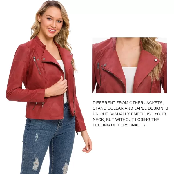 Fahsyee Zip Leather Jackets for Women Motorcycle Faux PU Moto Biker Outwear CoatRust Red