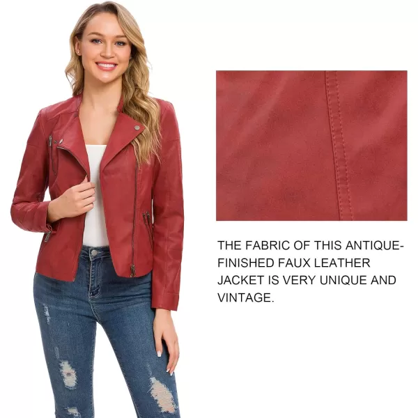 Fahsyee Zip Leather Jackets for Women Motorcycle Faux PU Moto Biker Outwear CoatRust Red