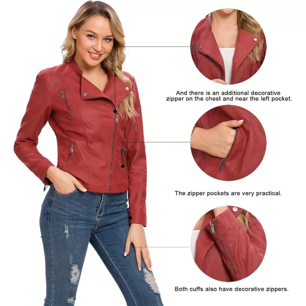 Fahsyee Zip Leather Jackets for Women Motorcycle Faux PU Moto Biker Outwear CoatRust Red