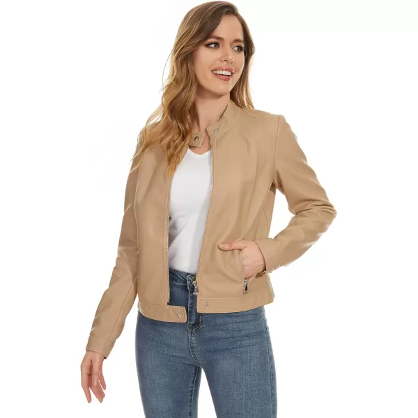 Fahsyee Zip Leather Jackets for Women Motorcycle Faux PU Moto Biker Outwear CoatTan