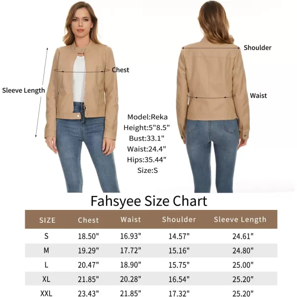 Fahsyee Zip Leather Jackets for Women Motorcycle Faux PU Moto Biker Outwear CoatTan
