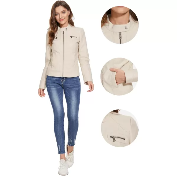 Fahsyee Zip Leather Jackets for Women Motorcycle Faux PU Moto Biker Outwear CoatWhite