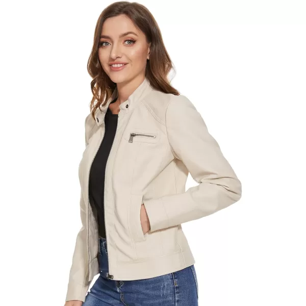 Fahsyee Zip Leather Jackets for Women Motorcycle Faux PU Moto Biker Outwear CoatWhite