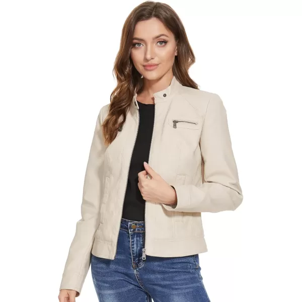 Fahsyee Zip Leather Jackets for Women Motorcycle Faux PU Moto Biker Outwear CoatWhite