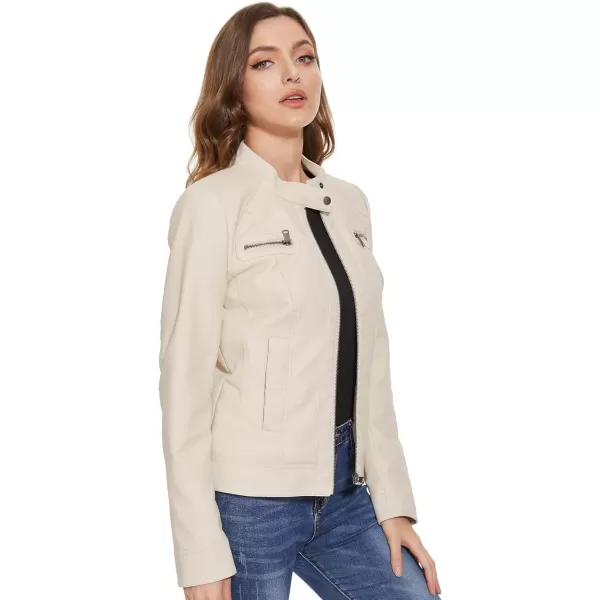 Fahsyee Zip Leather Jackets for Women Motorcycle Faux PU Moto Biker Outwear CoatWhite
