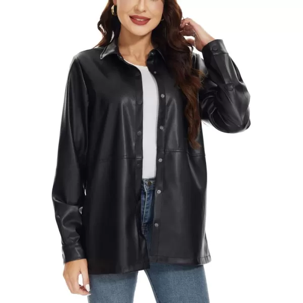 Fahsyee Women Faux Leather Shacket Moto Biker Shirts Loose Fit Blazer Long Sleeves Button Casual Jacket Plus Size SXXLBlacknm