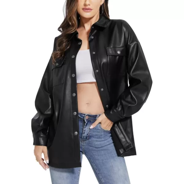 Fahsyee Women Faux Leather Shacket Moto Biker Shirts Loose Fit Blazer Long Sleeves Button Casual Jacket Plus Size SXXLBlacknmflanny