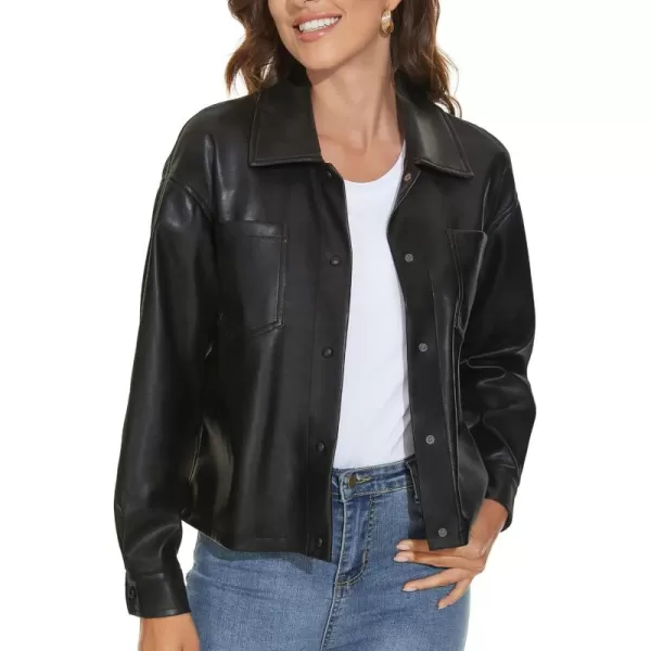 Fahsyee Women Faux Leather Shacket Moto Biker Shirts Loose Fit Blazer Long Sleeves Button Casual Jacket Plus Size SXXLJet Black