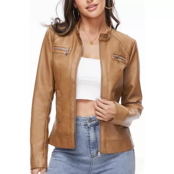 Fahsyee Zip Leather Jackets for Women Motorcycle Faux PU Moto Biker Outwear CoatCamel