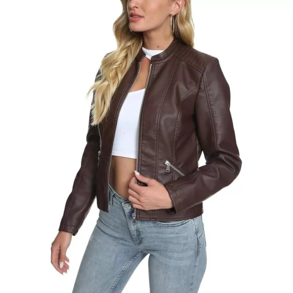 Fahsyee Zip Leather Jackets for Women Motorcycle Faux PU Moto Biker Outwear CoatCoffee