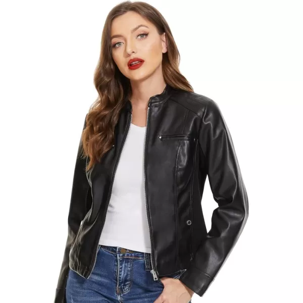 Fahsyee Zip Leather Jackets for Women Motorcycle Faux PU Moto Biker Outwear CoatGlossy Black