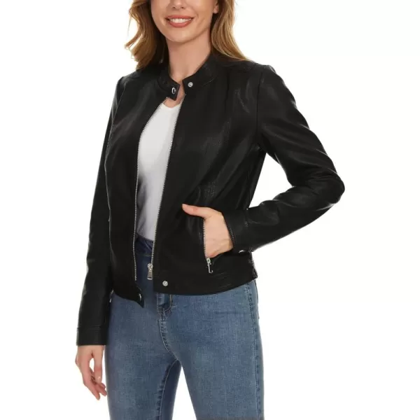 Fahsyee Zip Leather Jackets for Women Motorcycle Faux PU Moto Biker Outwear CoatInk Black