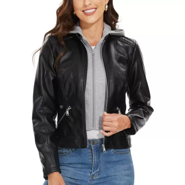 Fahsyee Zip Leather Jackets for Women Motorcycle Faux PU Moto Biker Outwear CoatJet Black