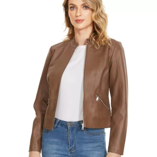 Fahsyee Zip Leather Jackets for Women Motorcycle Faux PU Moto Biker Outwear CoatLight Camel