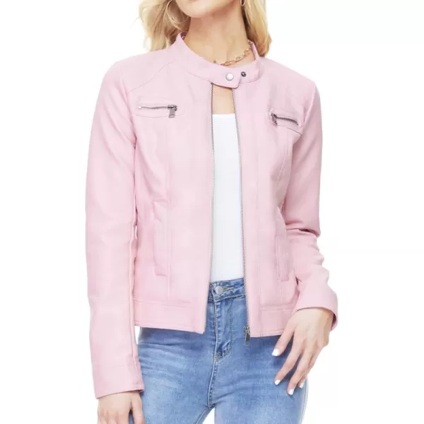 Fahsyee Zip Leather Jackets for Women Motorcycle Faux PU Moto Biker Outwear CoatPink