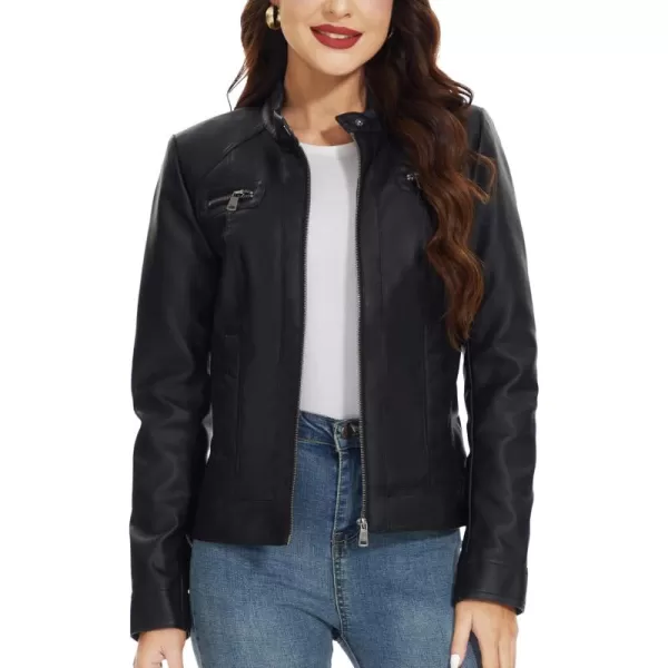 Fahsyee Zip Leather Jackets for Women Motorcycle Faux PU Moto Biker Outwear CoatPure Black