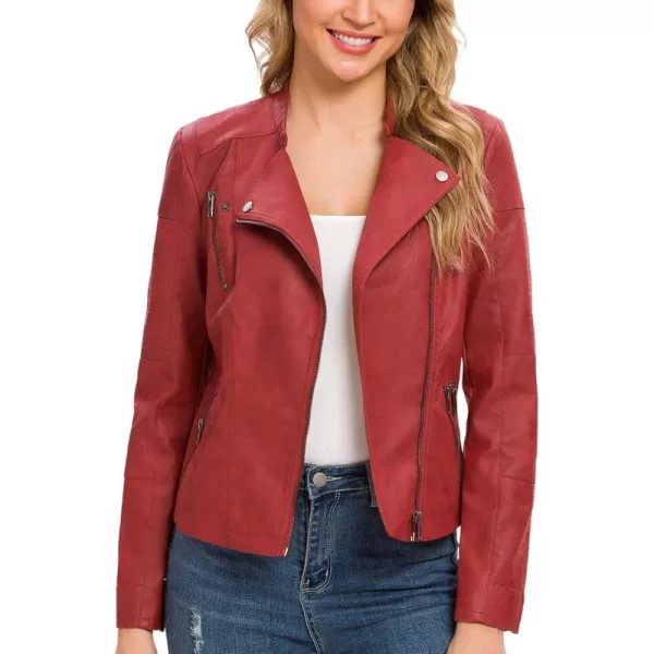 Fahsyee Zip Leather Jackets for Women Motorcycle Faux PU Moto Biker Outwear CoatRust Red