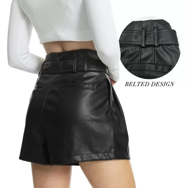 Fahsyee Black Faux Leather Shorts Women High Waisted Casual Wide Leg Size SXXLBlack
