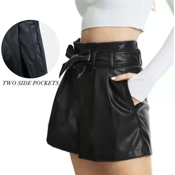 Fahsyee Black Faux Leather Shorts Women High Waisted Casual Wide Leg Size SXXLBlack
