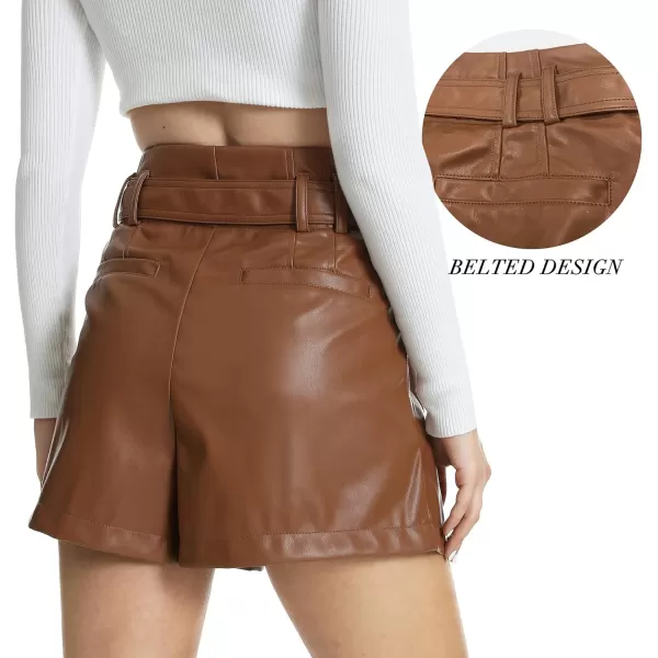Fahsyee Black Faux Leather Shorts Women High Waisted Casual Wide Leg Size SXXLBrown