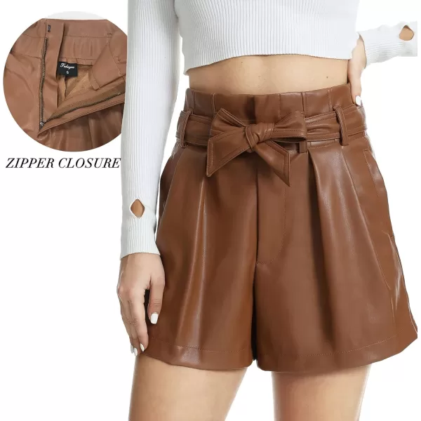 Fahsyee Black Faux Leather Shorts Women High Waisted Casual Wide Leg Size SXXLBrown