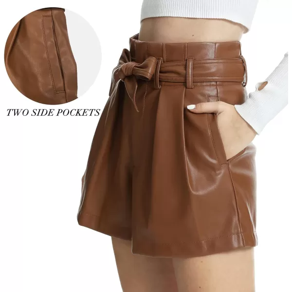 Fahsyee Black Faux Leather Shorts Women High Waisted Casual Wide Leg Size SXXLBrown