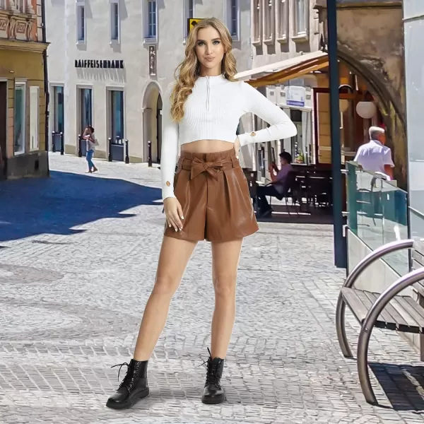 Fahsyee Black Faux Leather Shorts Women High Waisted Casual Wide Leg Size SXXLBrown