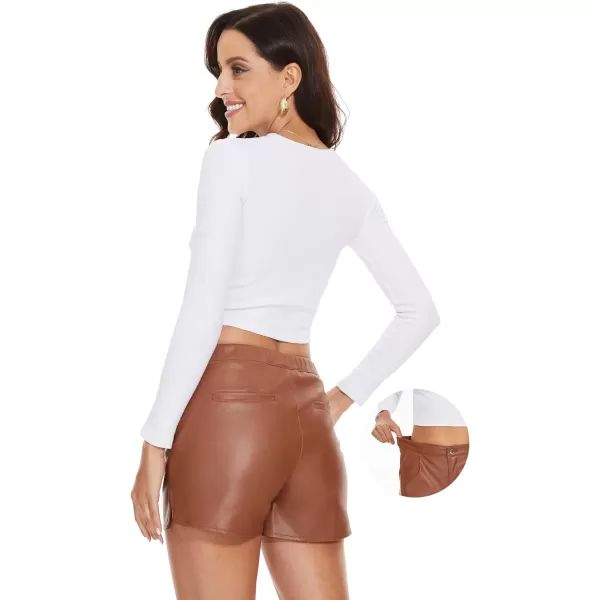 Fahsyee Black Faux Leather Shorts Women High Waisted Casual Wide Leg Size SXXLBrown1