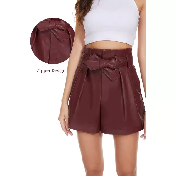 Fahsyee Black Faux Leather Shorts Women High Waisted Casual Wide Leg Size SXXLWine Red