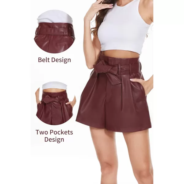 Fahsyee Black Faux Leather Shorts Women High Waisted Casual Wide Leg Size SXXLWine Red