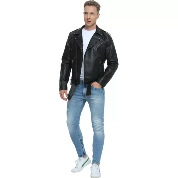 Fahsyee Leather Jackets for Men Faux Bomber Jacket Men Motorcycle Lapel Asymmetric ZipUp Blet Slim Fit Biker CoatBlack