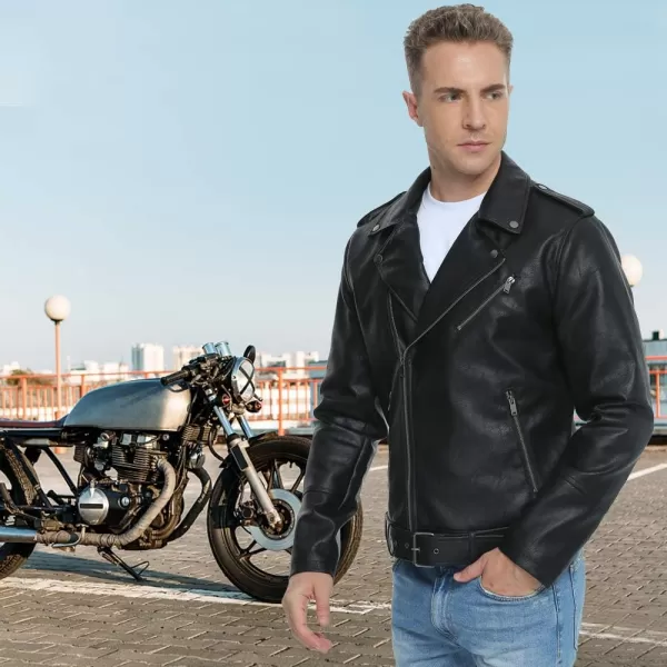 Fahsyee Leather Jackets for Men Faux Bomber Jacket Men Motorcycle Lapel Asymmetric ZipUp Blet Slim Fit Biker CoatBlack