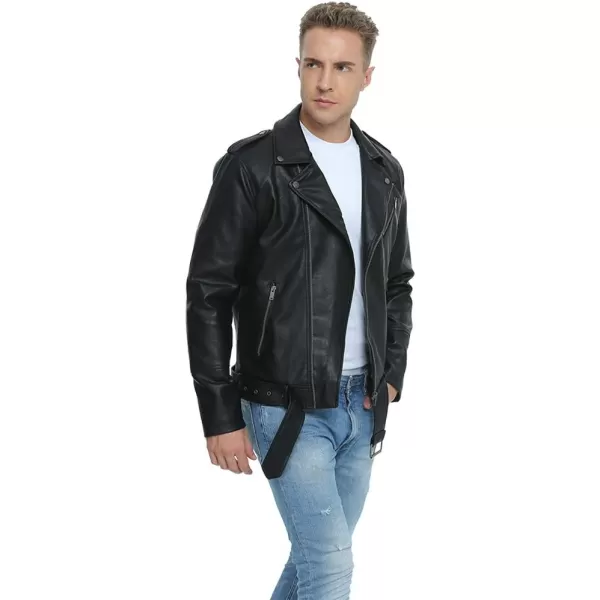 Fahsyee Leather Jackets for Men Faux Bomber Jacket Men Motorcycle Lapel Asymmetric ZipUp Blet Slim Fit Biker CoatBlack